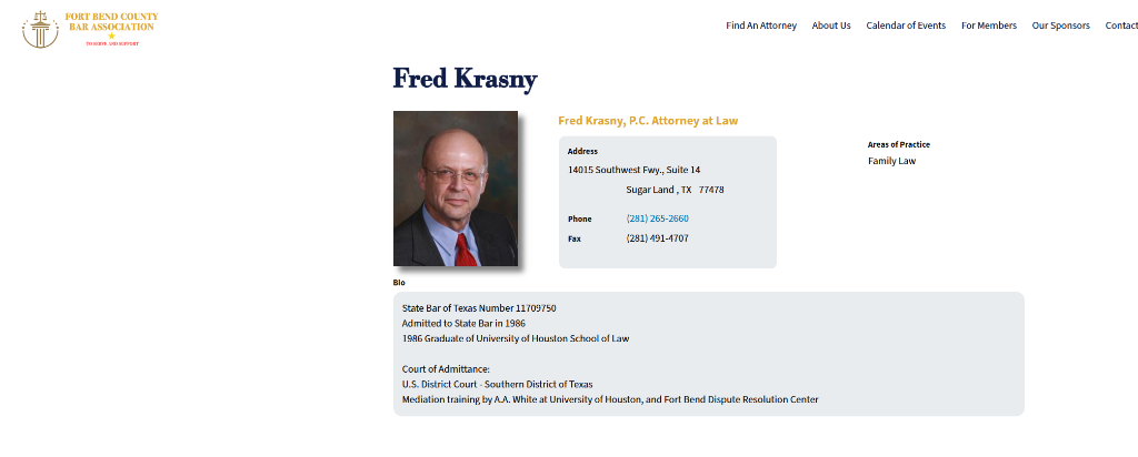 Fort Bend County Bar Association directory listing for Fred Krasny, P.C., Attorney at Law, showing Family Law as sole area of practice