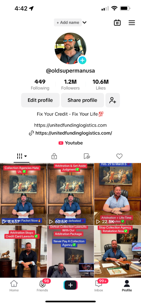 Brian Wilson's real TikTok account @oldsupermanusa with 1.2M followers