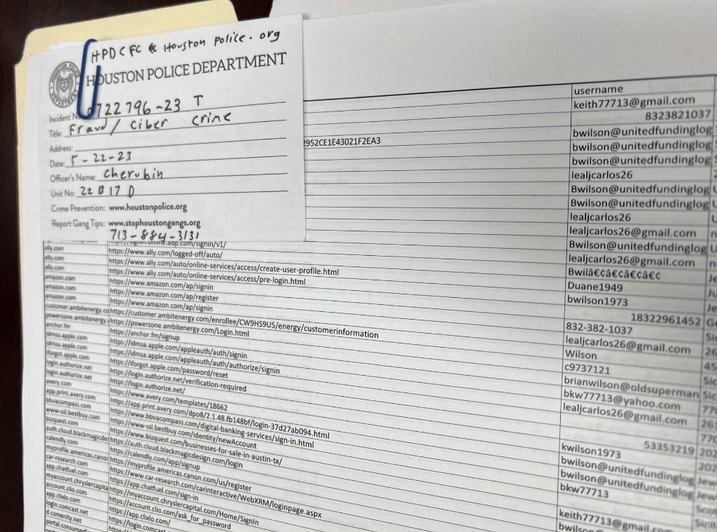 HPD case file spreadsheet showing phishing URLs and harvested credentials