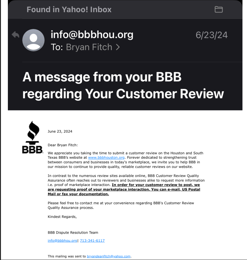 BBB email to Bryan Fitch requesting proof of marketplace interaction before positive review can post
