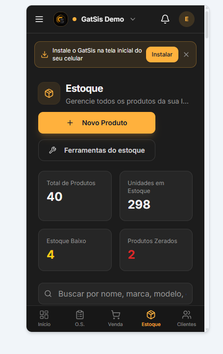 Tela de estoque mobile real do GatSis