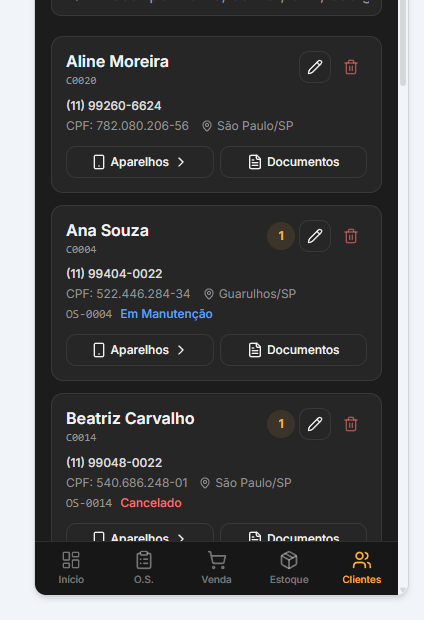 Tela de clientes mobile real do GatSis