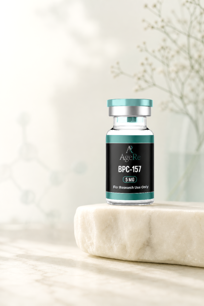 AGERE BPC-157 research vial on stone plinth