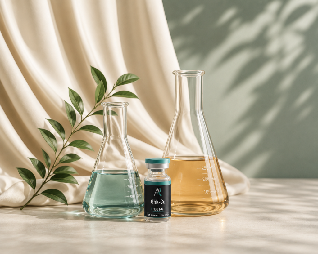 Laboratory flasks and GHK-Cu vial with botanical elements
