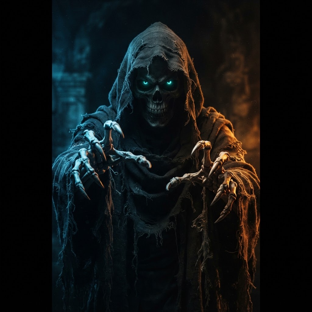 Skeletal figure reaching forward in a tattered hood
