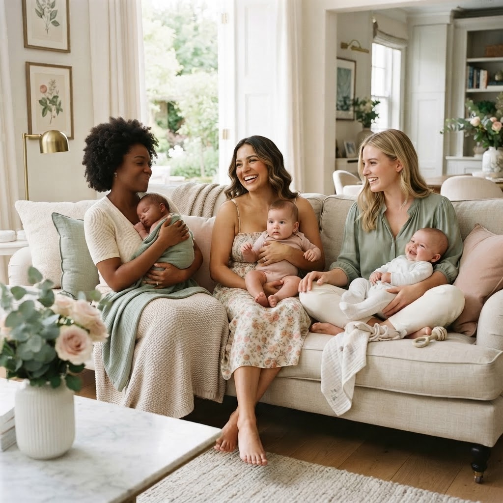 A diverse group of mothers sharing a moment of community and support