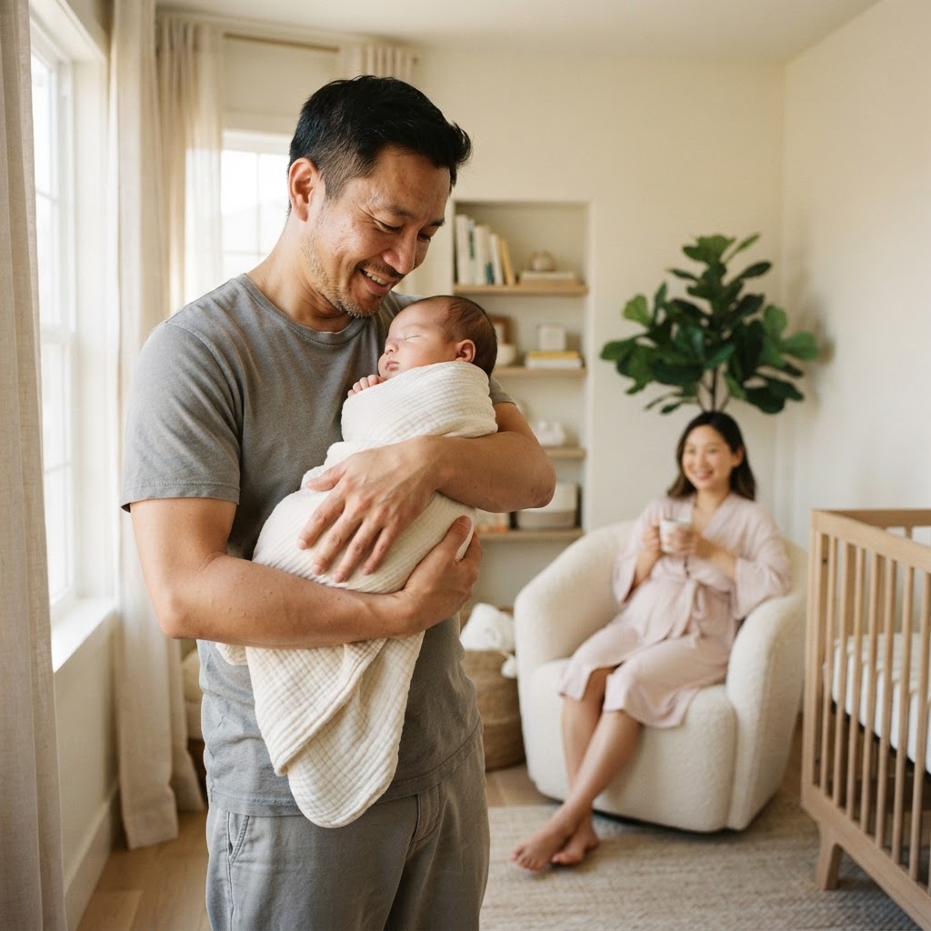 A father cradling his newborn while the rested mother finally takes a peaceful moment for herself