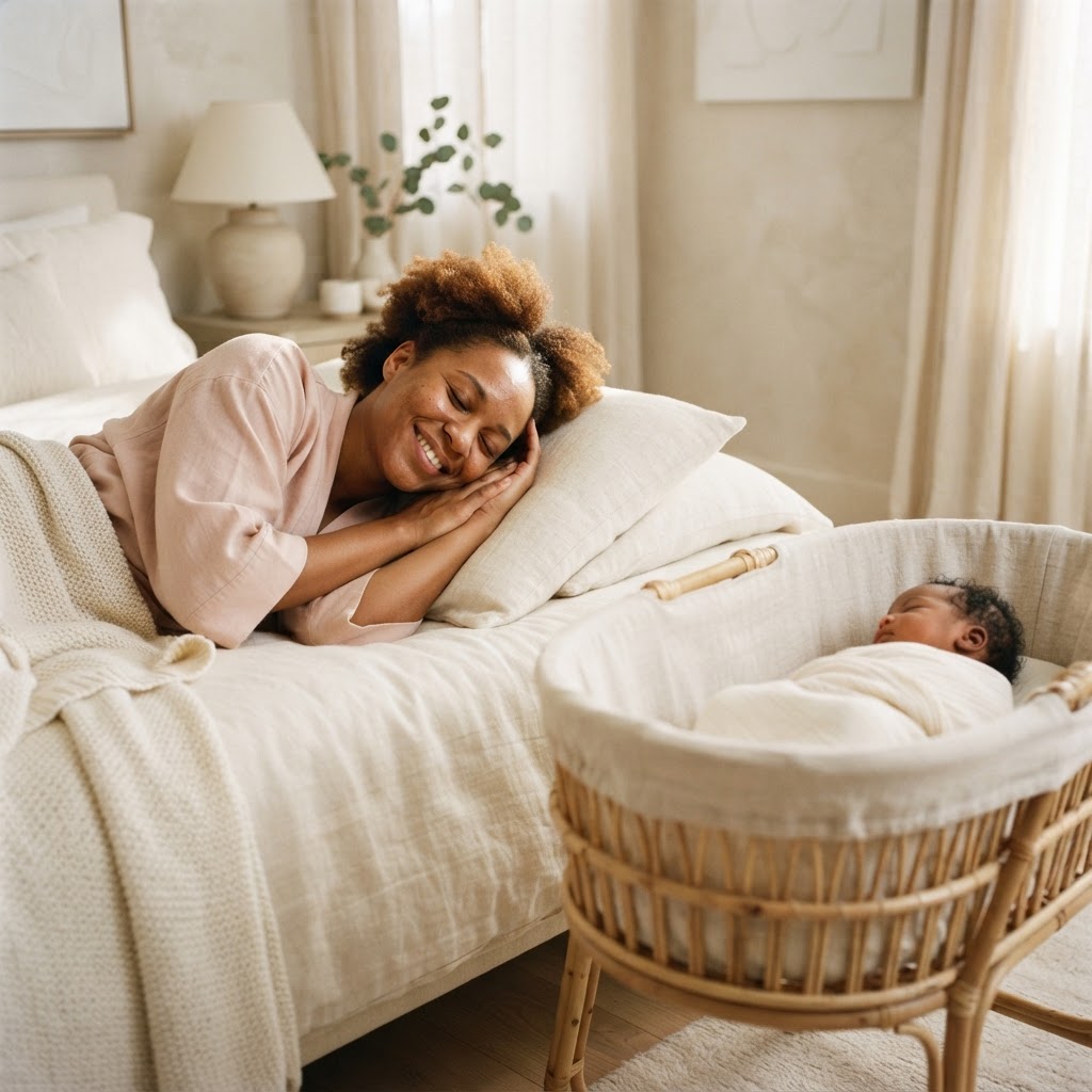 A mother resting peacefully in a sunlit ivory bed while her newborn sleeps nearby