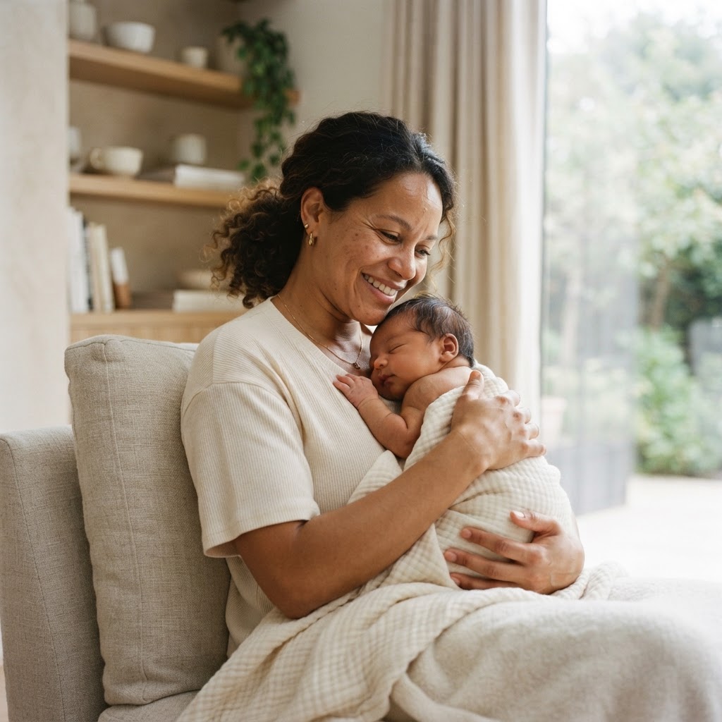 A confident, rested mother holding her baby — radiant and joyful