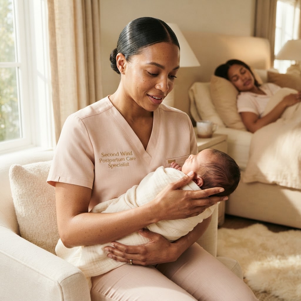 A Second Wind Postpartum Care Specialist in a branded scrub top tending to the baby while the mother rests peacefully