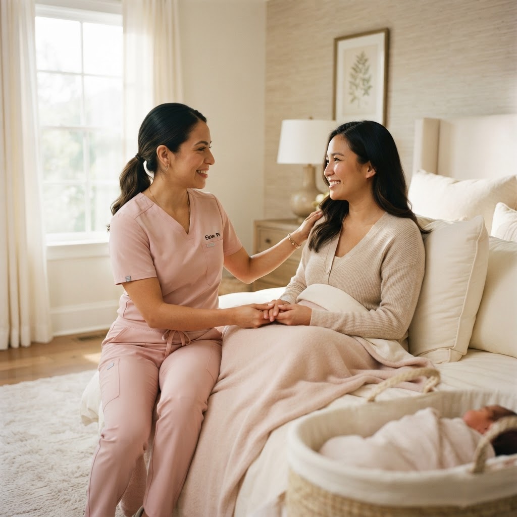 A registered nurse gently checking on a postpartum mother with warm reassurance
