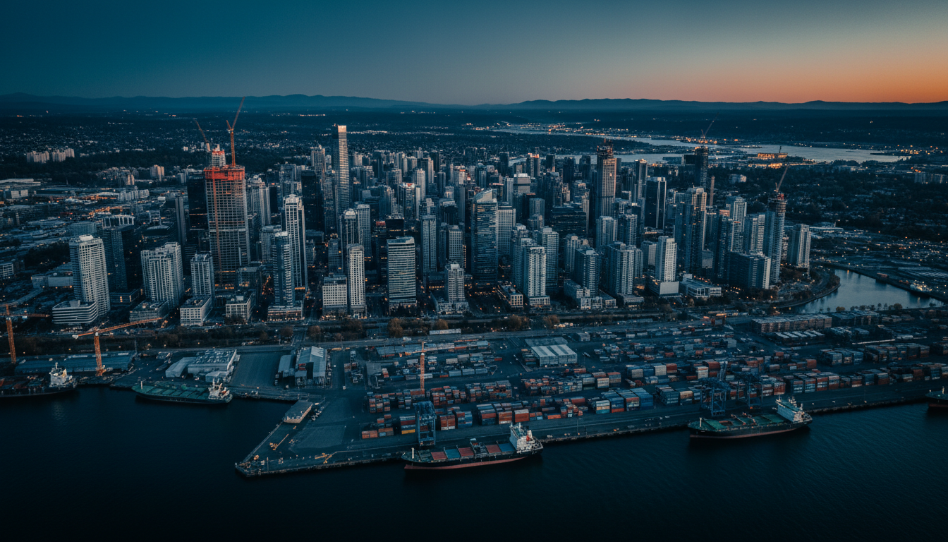City skyline at blue hour with industrial waterfront and construction cranes