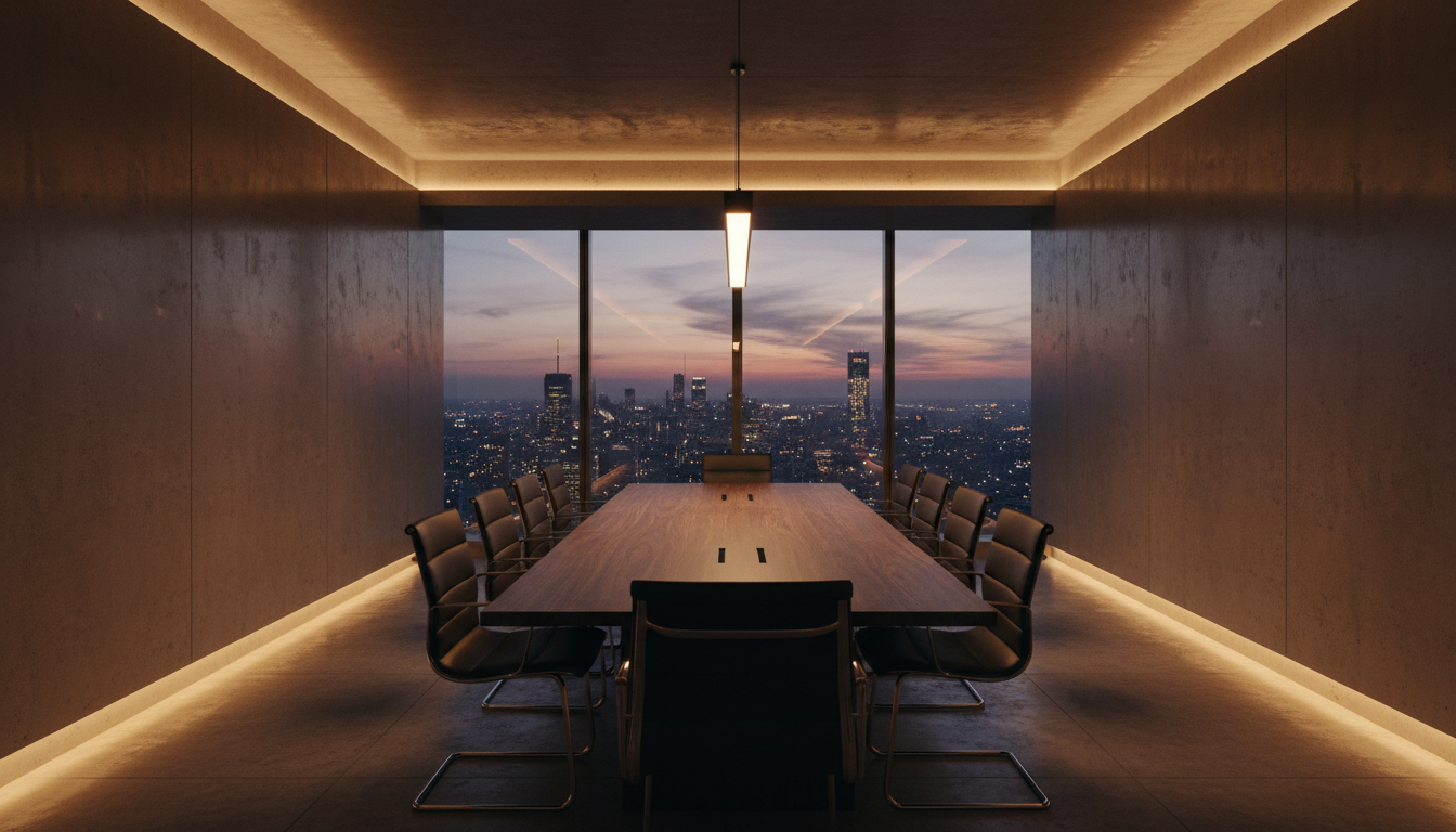 High-end minimalist boardroom with concrete walls and dark oak furniture