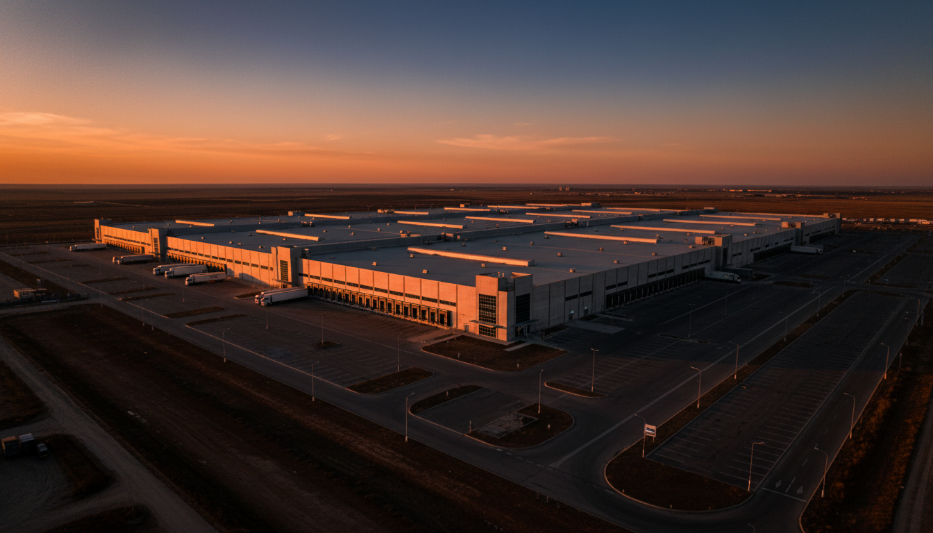 Aerial view of a large industrial warehouse complex at dusk with amber lighting