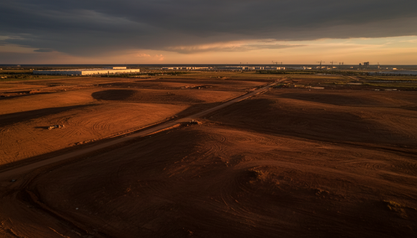 Aerial view of vast undeveloped commercial land at golden hour