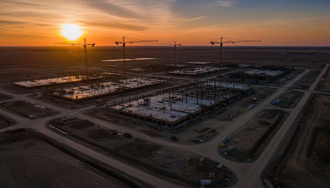 Aerial view of a large-scale construction site at dusk