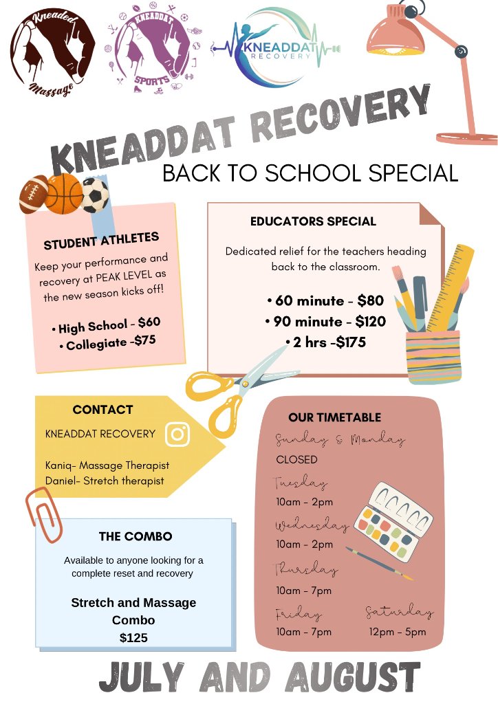 Back to School Special flyer — July and August promotions for student athletes, educators, and the combo at Kneaddat Recovery