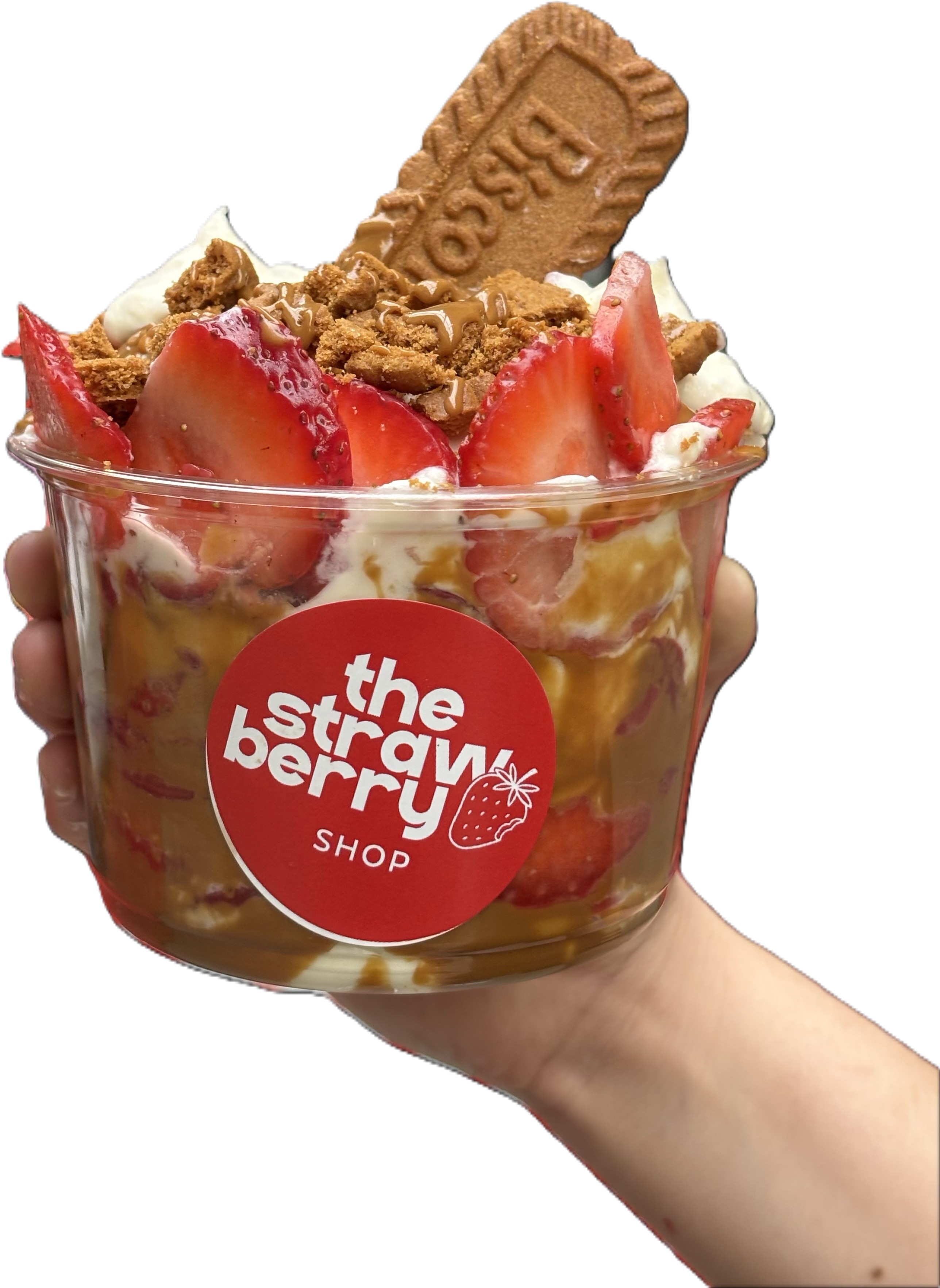 The Strawberry Shop cup with strawberries, cream, and Biscoff