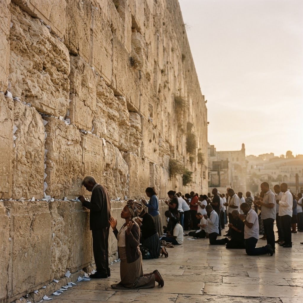 An ancient Jerusalem limestone prayer wall rising above the Abundant Grace congregation gathered in prayer at its base