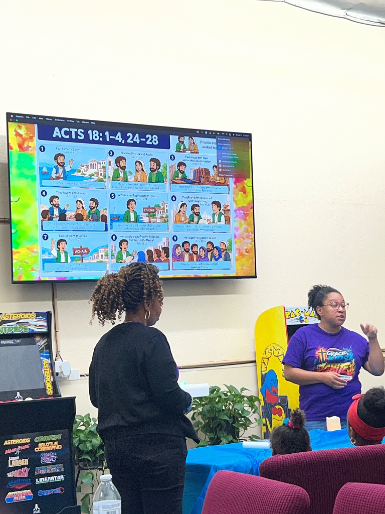 Bible lesson taught on large screen at IGNITE VBS
