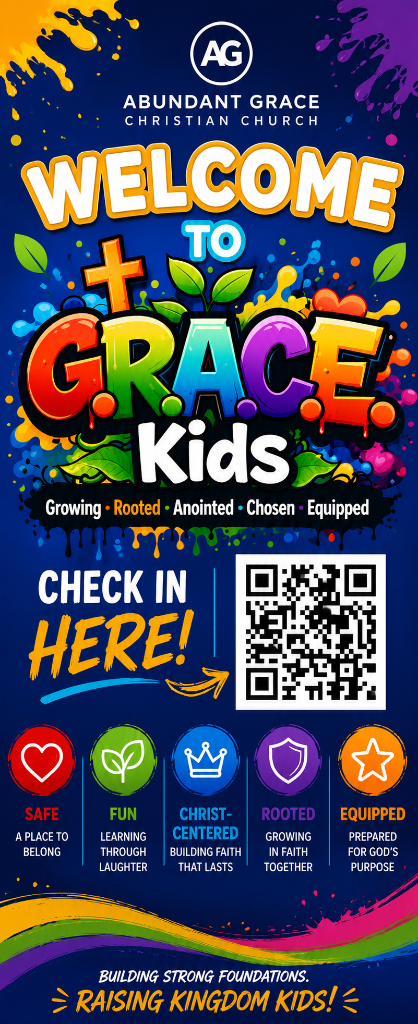 Grace Kids / Grace Teens check-in banner with QR code