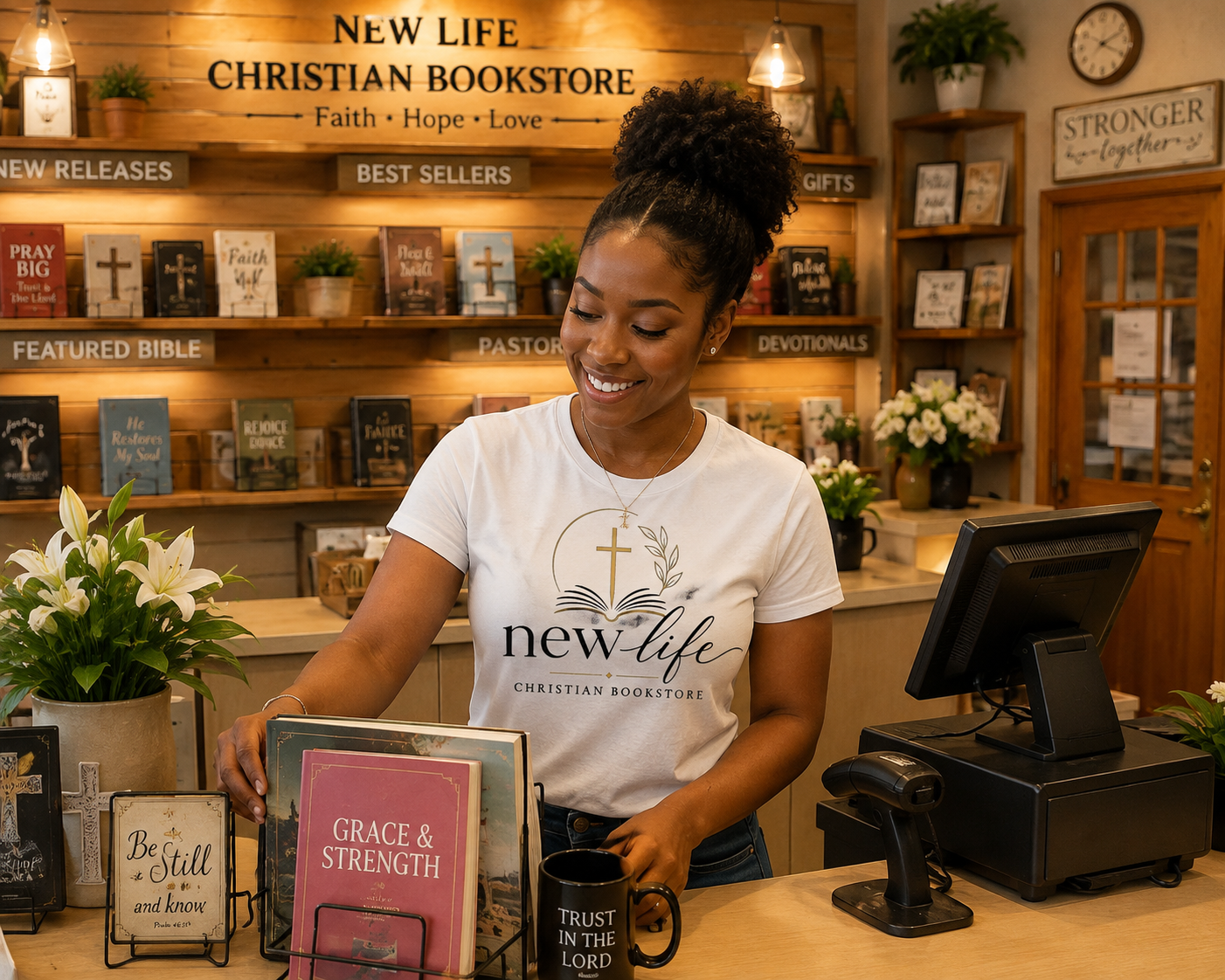 Inside New Life Christian Bookstore at the service counter