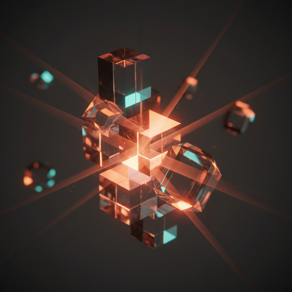 Abstract glass prism refracting warm amber and cyan light beams symbolizing AI clarity