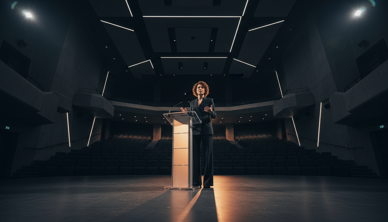 A woman speaking powerfully at a podium in a modern auditorium