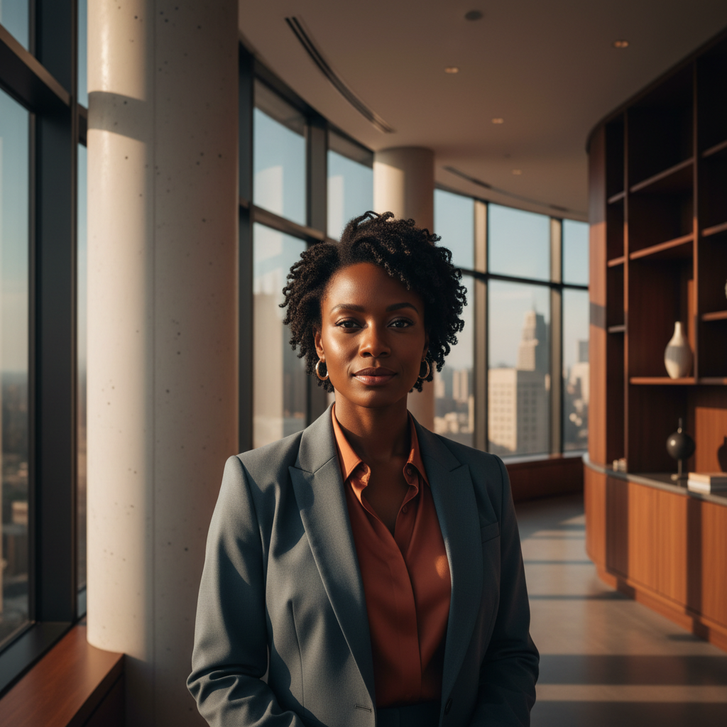 A confident woman leader in a modern architectural space