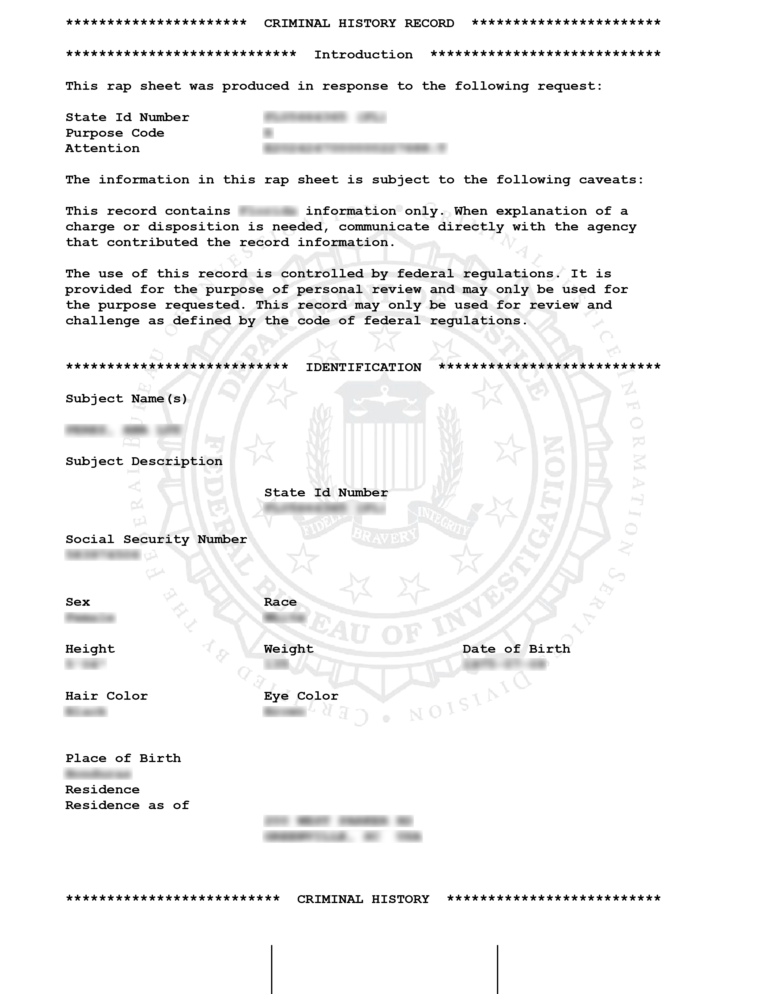 FBI Identity History Summary sample
