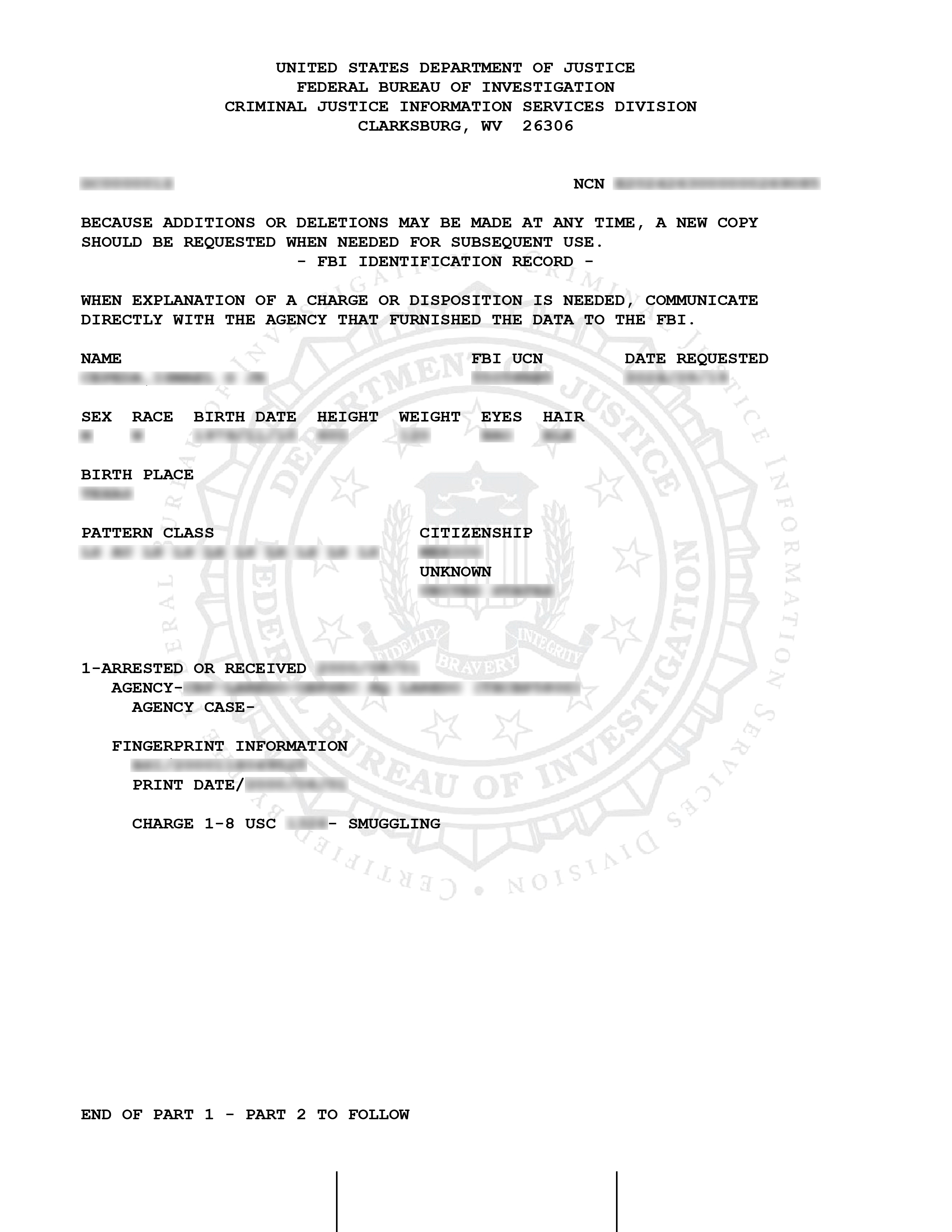 FBI Identity History Summary sample