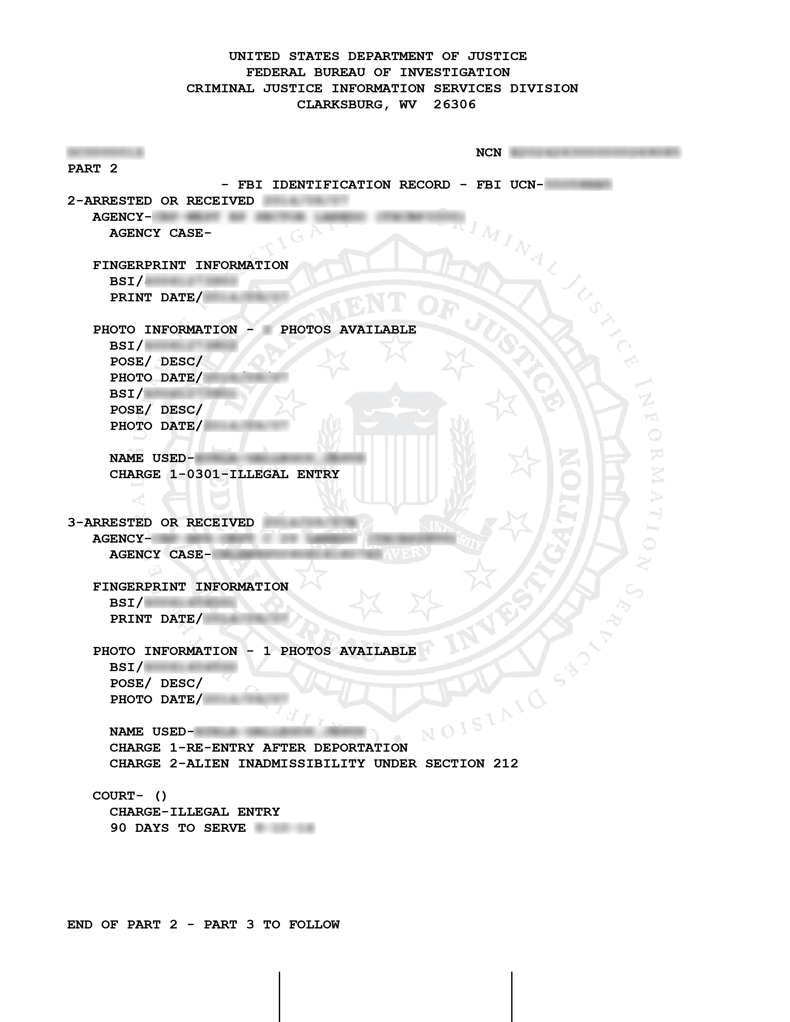 FBI Identity History Summary sample