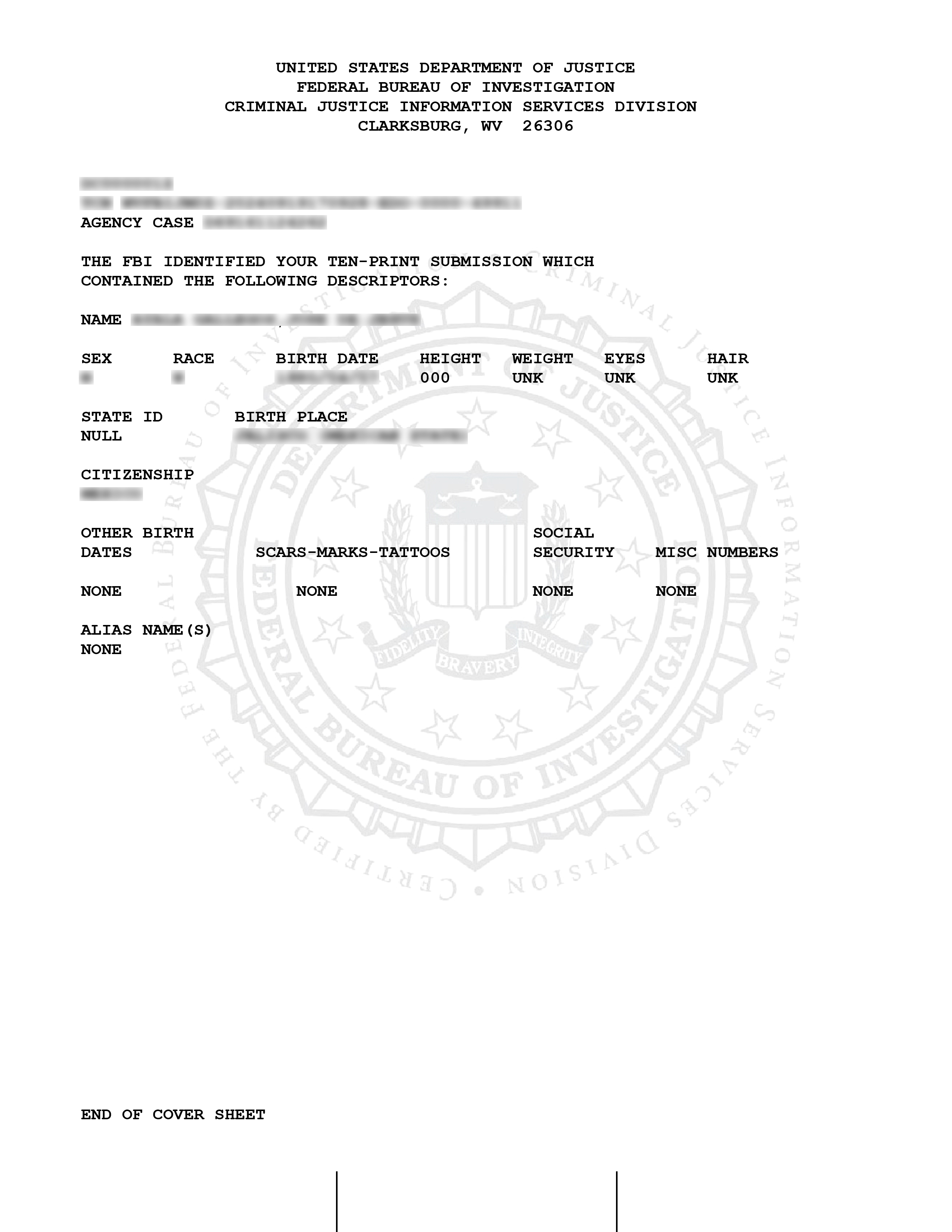 FBI Identity History Summary sample