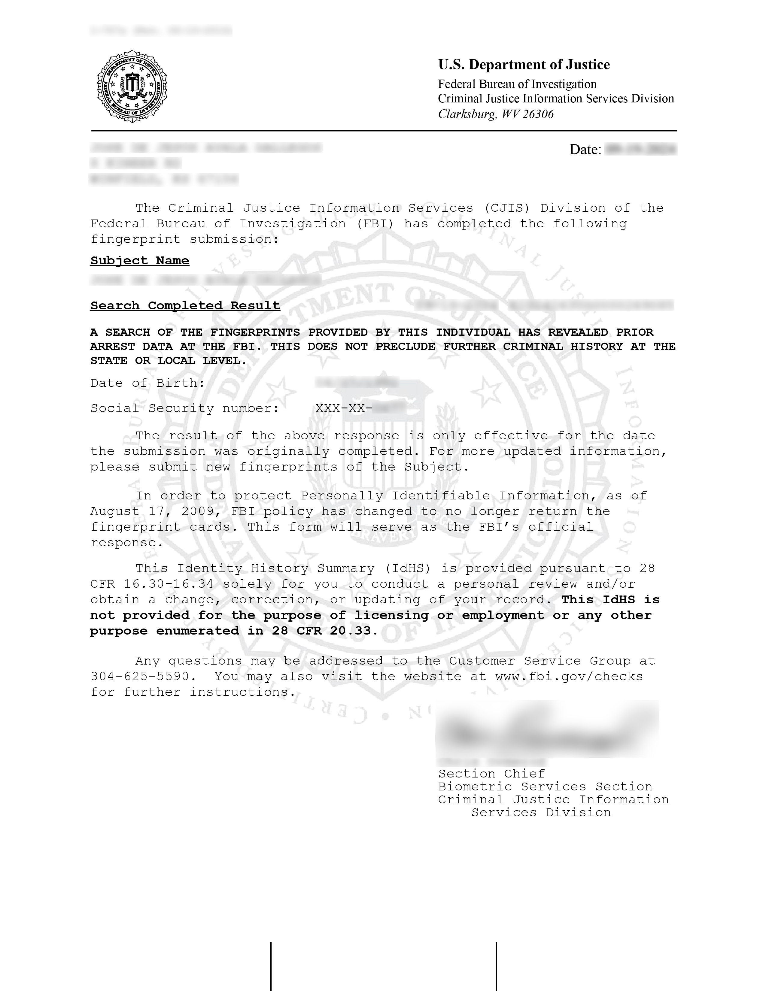 FBI Identity History Summary sample