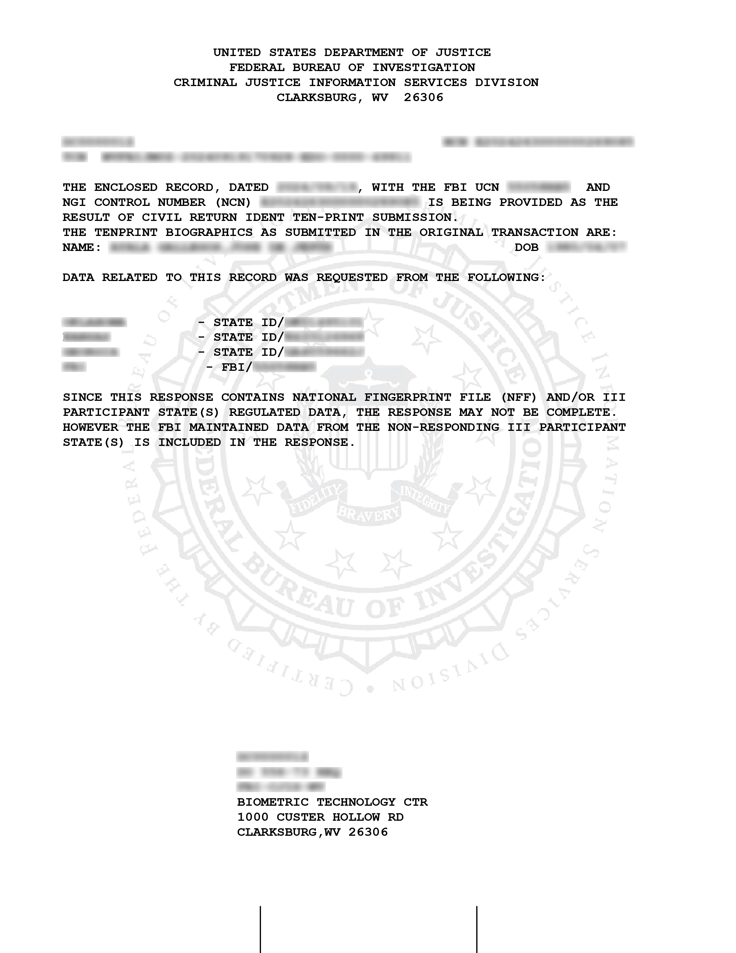 FBI Identity History Summary sample