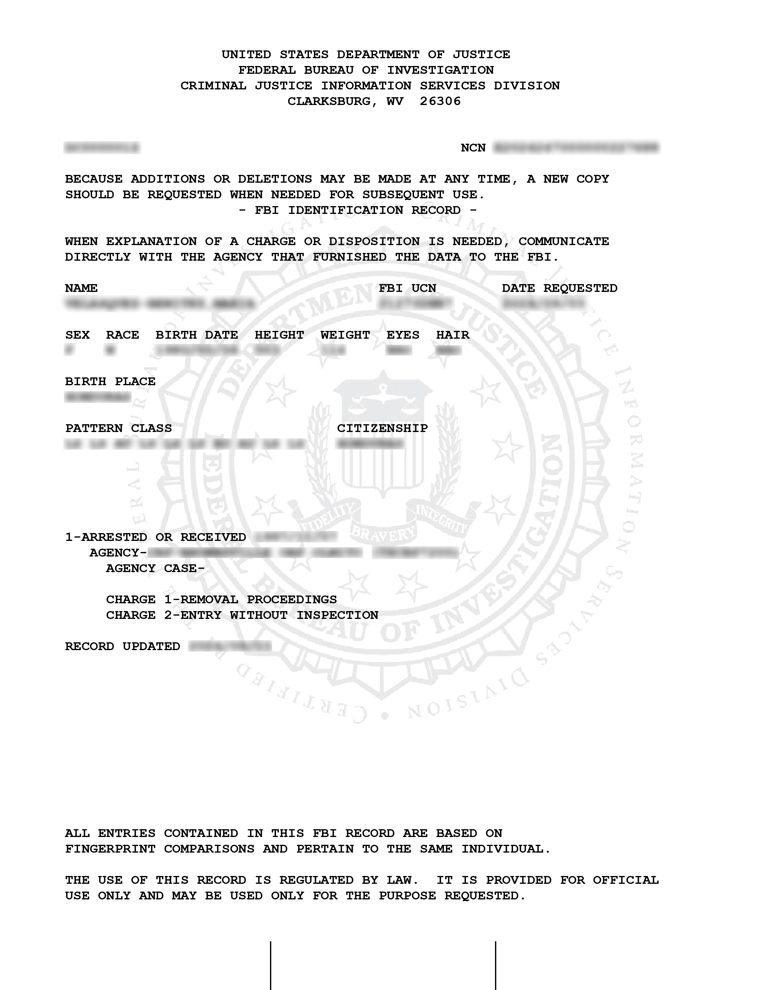 FBI Identity History Summary sample