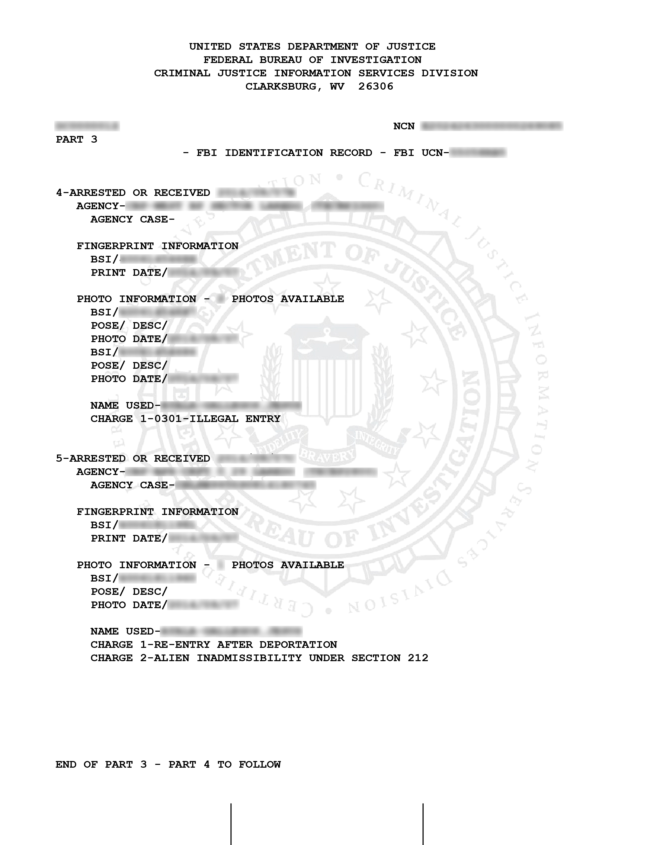 FBI Identity History Summary sample