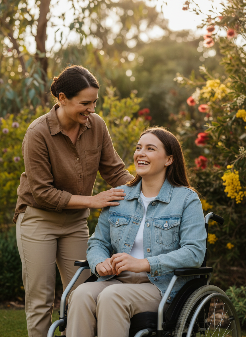 A supportive interaction between a carer and participant in a sunlit Australian garden