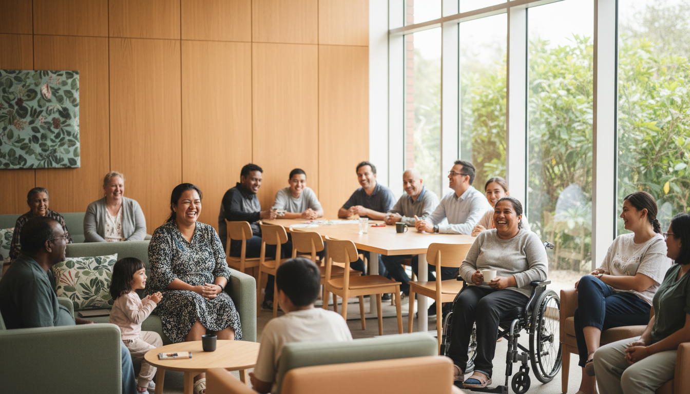 Diverse group of people in a warm, modern Australian community centre