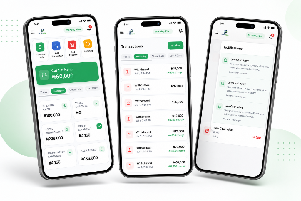 Postraka mobile app screens showing dashboard, transactions, and reports