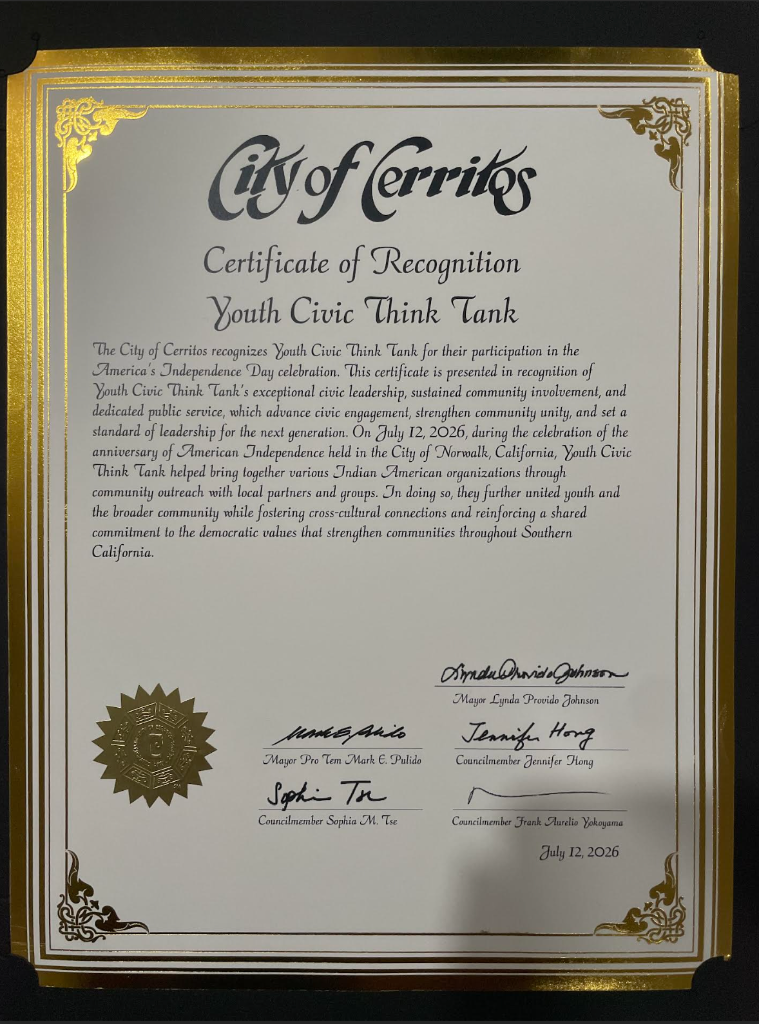 City of Cerritos Certificate of Recognition