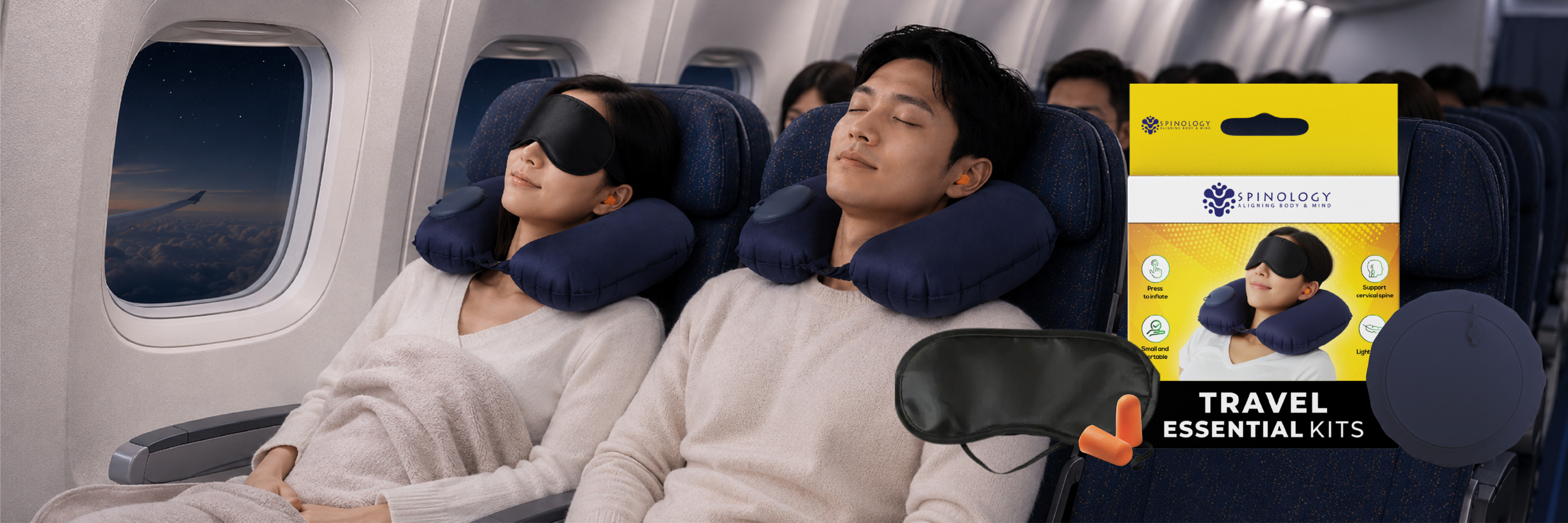 Spinology Travel Essential Kits — neck pillow, eye mask and earplugs for restful travel.