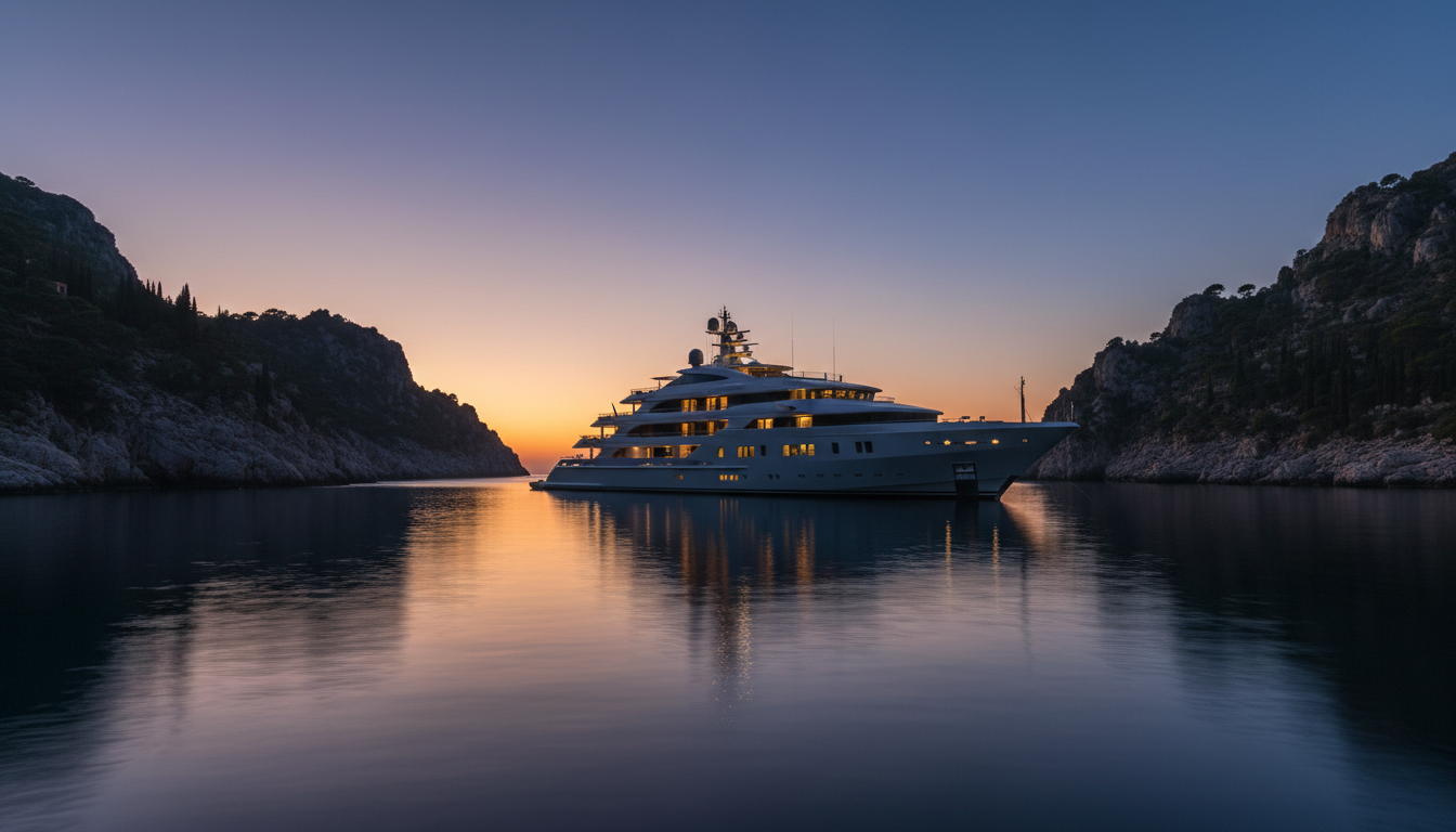 Luxury yacht at twilight anchorage in a secluded bay