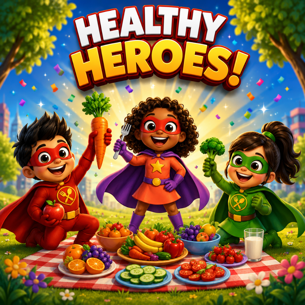 Upload their photo, create their superhero alter ego, then watch a new personalised adventure every single day — each one ending with a healthy food mission!