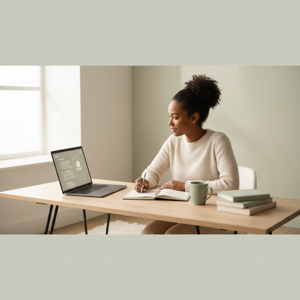African American woman writer at a clean desk with laptop and notebook