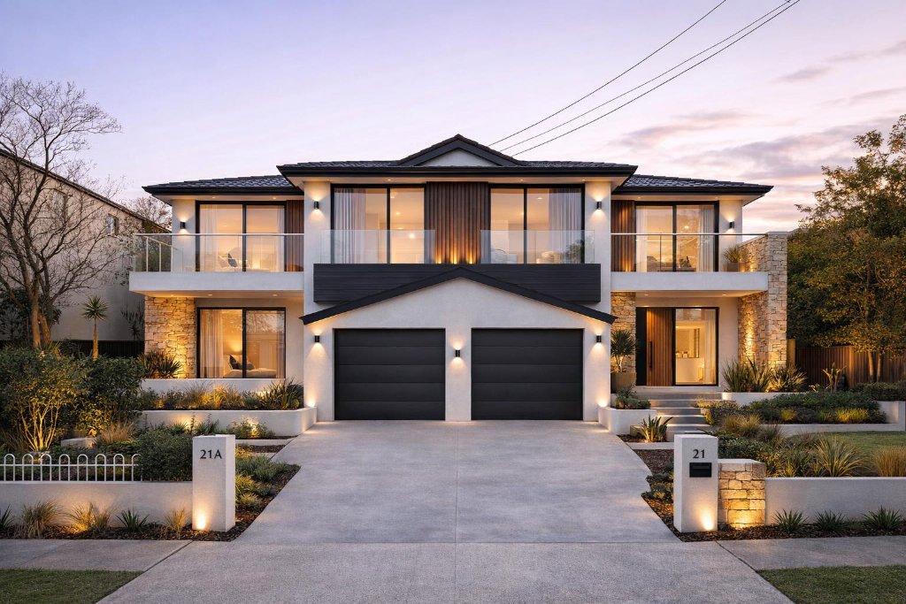 Modern architectural home facade transformation at dusk