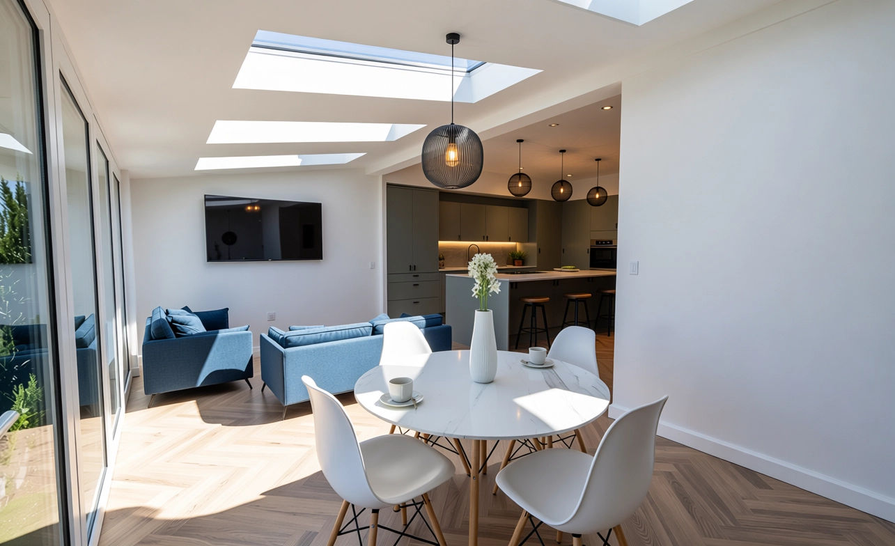 Open plan living, dining and kitchen design by CKD Ltd