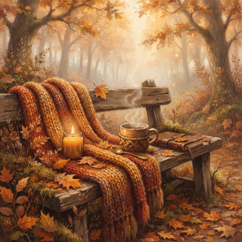 Cocon automnal doux : plaid tricoté, tasse de tisane fumante et feuilles d'automne colorées, ambiance chaleureuse et introspective.