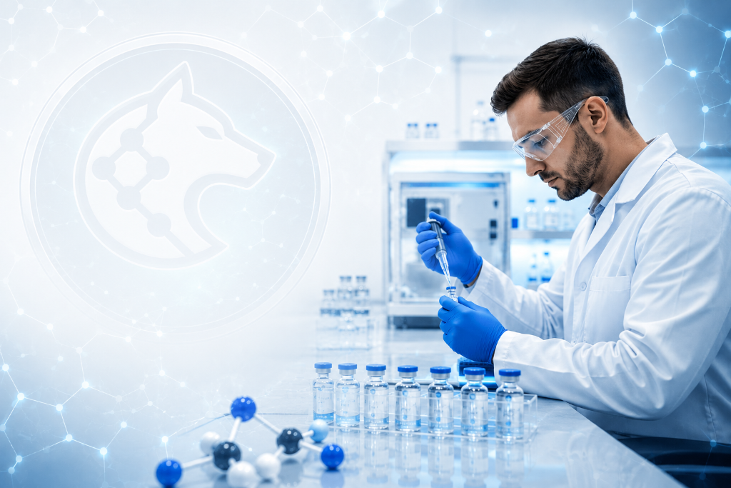 Alpha Chain Labs researcher pipetting in a laboratory with research peptide vials