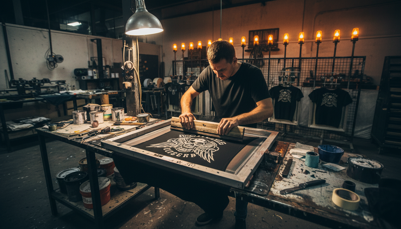 Screen printing workshop producing motorcycle club merchandise